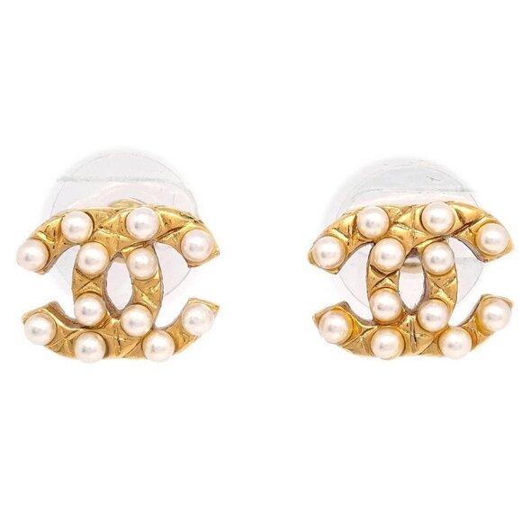 Chanel Piercing Earrings Gold CC Artificial Pearl 03A 195356 - Picture 1 of 8